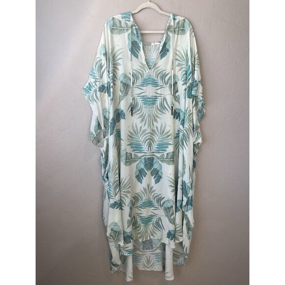 Vacances Beach Swim Coverup Palm Leaf 100% Silk Cream Caftan kimono resortwear - Picture 6 of 16